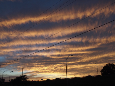 [The ground and lamp posts in the foreground are in dark relief against the sky. This view looks westward and the sky has a series of horizonal yellow-beige cloud lines which are against progressively lightening sky background. There are more than six lines of squiggly clouds.]